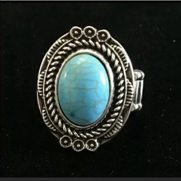 Turquoise Oval Stone Silver-Tone Ring - Women Jewelry - Picture 2 of 3